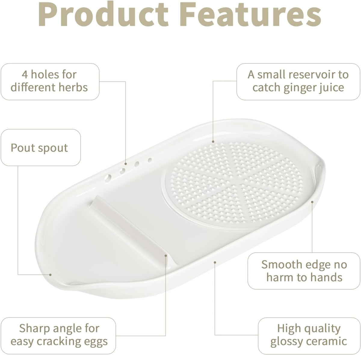 WhiteRhino 4 in 1 Ceramic Garlic Grater with Egg Cracker,Spoon Rest and Herb Stripper, Ginger Grater Plate for Grinding Wasabi Fruits Vegetables Ginger Garlic Cheese(6.76inx3.7in)