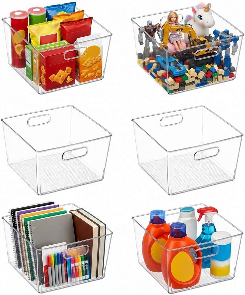 MOONEDGE 4-Pack 10x10x6 Clear Plastic Cube Storage Bins with Handles | Acrylic hard square organizer containers for closet,pantry,fridge,kitchen,bathroom,laundry,under-sink,cabinet organization