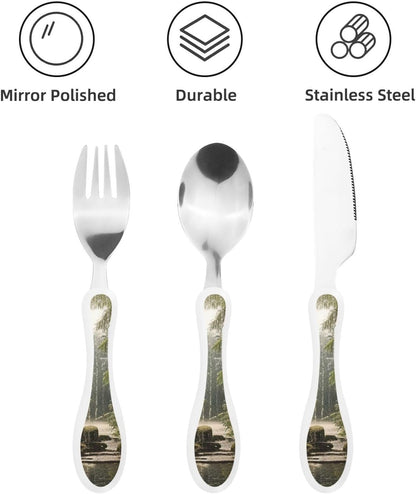 3-Piece Kids Silverware Set With Storage Case, Stainless Steel Reusable Children Safe Knife Spoon Fork Set Blue Active Girl Running Sunset Children Flatware Set For Kids Lunch Box - Colors C