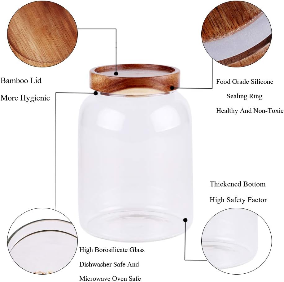 Large Glass Jar with Airtight Lid Set of 2 93 FL OZ(2750ml) glass canister set, Glass Food Containers Wooden Lid Suit for Kitchen Pantry for Flour, Tea, Coffee Beans, Sugar, Cookies(8.8 inch high)