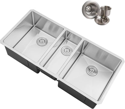 42 in. x 20 in. x 10 in. 16-Gauge Stainless Steel Undermount Triple Bowl Kitchen Sink with Collapsible Colander Set and Strainer
