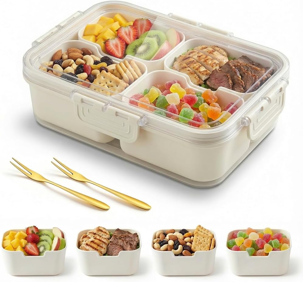 Divided Serving Tray with Lid, 4 Compartment Snack Containers, Snack Box Container for Candy, Snackle Box Container, Fruit and Snacks, Portable Small Snackle Box for Party, Picnic, Travel (2 PCS)