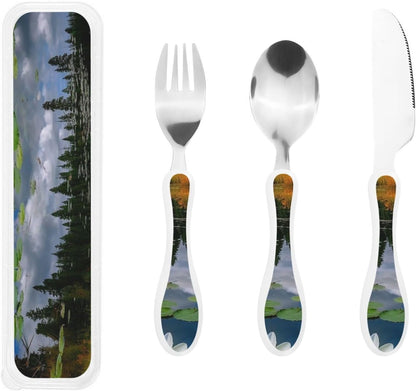 3-Piece Kids Silverware Set With Storage Case, Stainless Steel Reusable Children Safe Knife Spoon Fork Set Blue Active Girl Running Sunset Children Flatware Set For Kids Lunch Box - Colors B