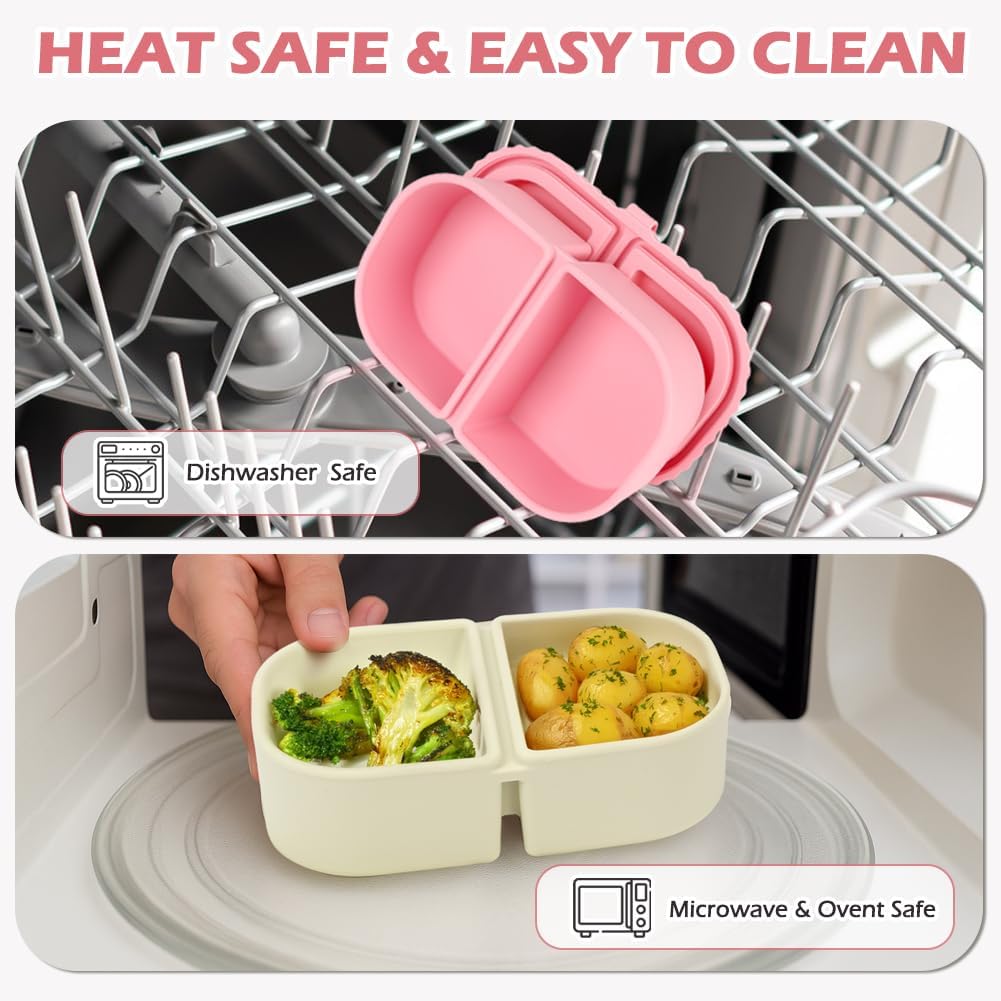 YQL 4 Pack Silicone Snack Containers with Leakproof Lids, Double-Compartment Bento Boxes for Kids & Adults, Reusable Food Storage for Snacks, Sauces, Lunch, Travel, and Meal Prep