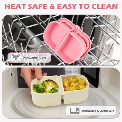 YQL 4 Pack Silicone Snack Containers with Leakproof Lids, Double-Compartment Bento Boxes for Kids & Adults, Reusable Food Storage for Snacks, Sauces, Lunch, Travel, and Meal Prep