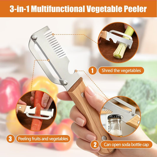 Multifunctional Vegetable Peeler with Bottle Opener Julienne | 4PCS, Stainless Steel, Wooden Handle, Fruit Potato Carrot Pumpkin, 3-in-1 Peeler