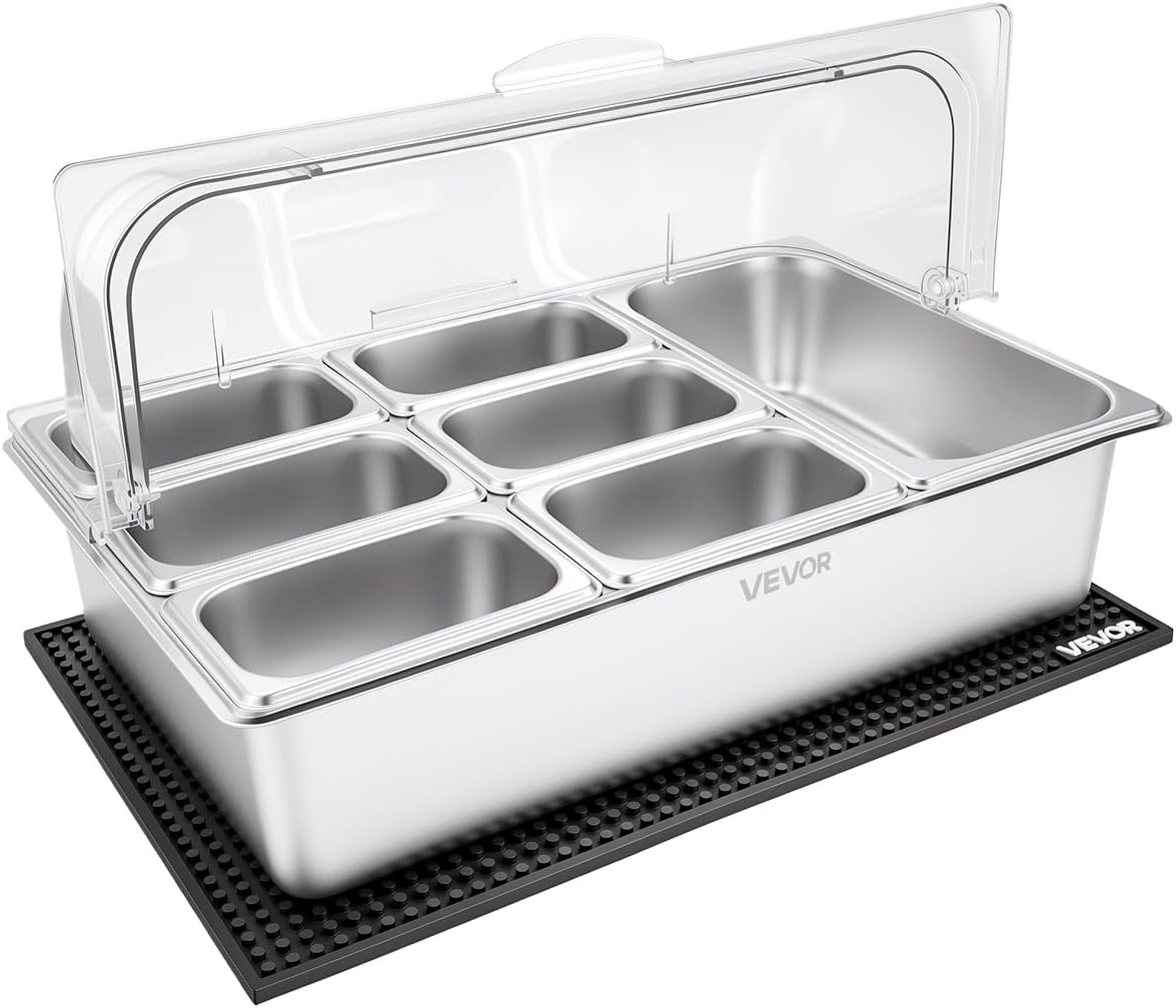 VEVOR Chilled Condiment Server Caddy, 5 Compartment Ice Cooled Serving Container, Plastic Fruit Garnish Tray Platter with Lid, for Taco Salad Bar Accessories, Party Home Restaurant Supplies