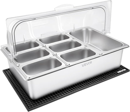 VEVOR Chilled Condiment Server Caddy, 5 Compartment Ice Cooled Serving Container, Plastic Fruit Garnish Tray Platter with Lid, for Taco Salad Bar Accessories, Party Home Restaurant Supplies