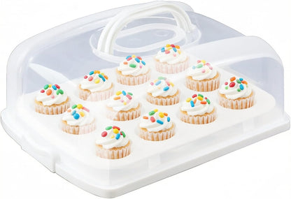 2in1 Cupcake Carrier and Cake Keeper with Lid, Rectangle Pie Carrier,Large Portable Storage Container for Storing 12 Cupcakes or 1 Large Cake (White)