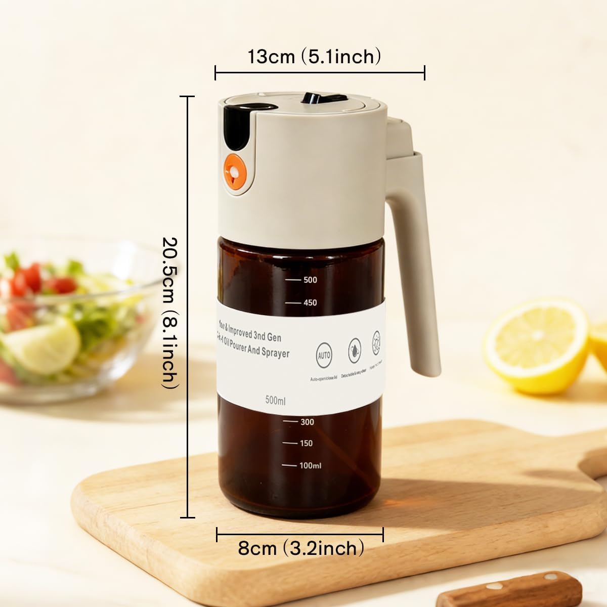 KEOUKE 2 in 1 Oil Sprayer & Dispenser for Cooking, 500ml Light-Blocking Glass Olive Oil Bottle with Gravity Sensing Cap, Ergonomic Push-Button Design for Air Fryer, BBQ, Salad