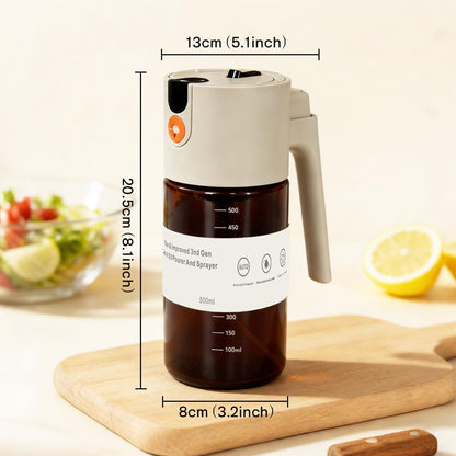 KEOUKE 2 in 1 Oil Sprayer & Dispenser for Cooking, 500ml Light-Blocking Glass Olive Oil Bottle with Gravity Sensing Cap, Ergonomic Push-Button Design for Air Fryer, BBQ, Salad