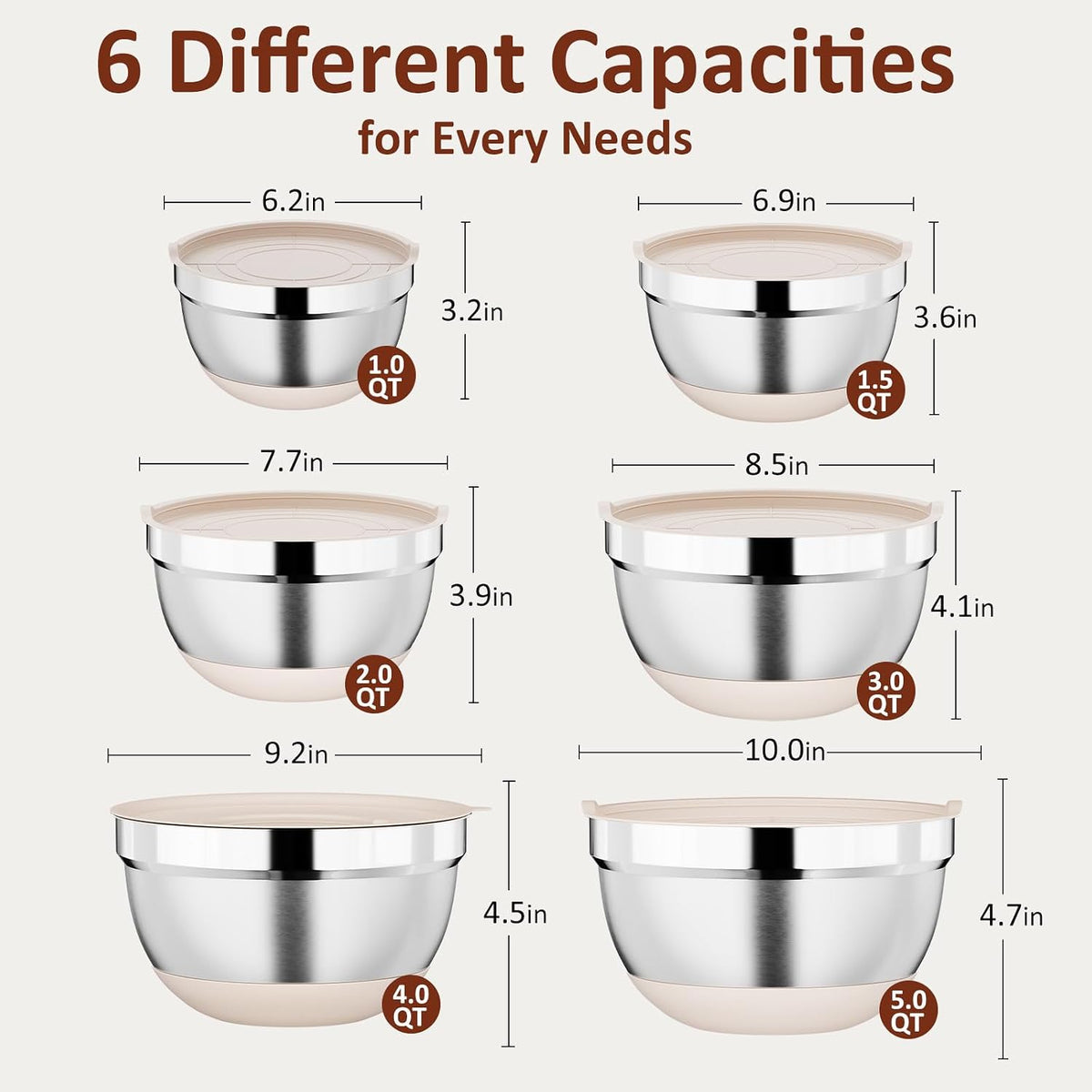 9 Pack Mixing Bowls with Airtight Lids & Grater Attachments, Khaki