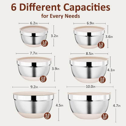 9 Pack Mixing Bowls with Airtight Lids & Grater Attachments, Khaki