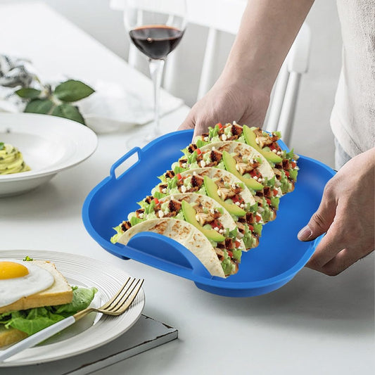 Silicone Taco Holder Set of 2, Non-Slip Taco Plates with Dividers, Reusable Fit for Kitchen, Party, Restaurants - Microwave and Dishwasher Safe, Blue and Green