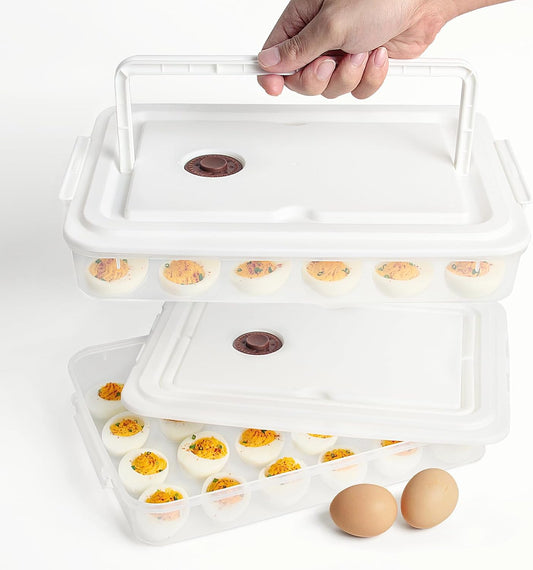 77L Deviled Egg Containers with Lid, (Set of 2), Plastic Deviled Egg Carrier with Handle for 48 Eggs, Clear Storage Devil Egg Platter, Fridge Portable Egg Tray (White)