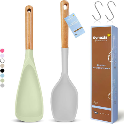 Large Silicone Cooking Spoons Set, 2 Pcs Heat Resistant Serving Spoon, Multifunction Nonstick Spatula Spoon, Kitchen Cucharras de Silicona for Mixing, Stiring, Basting, Scooping, Scraping