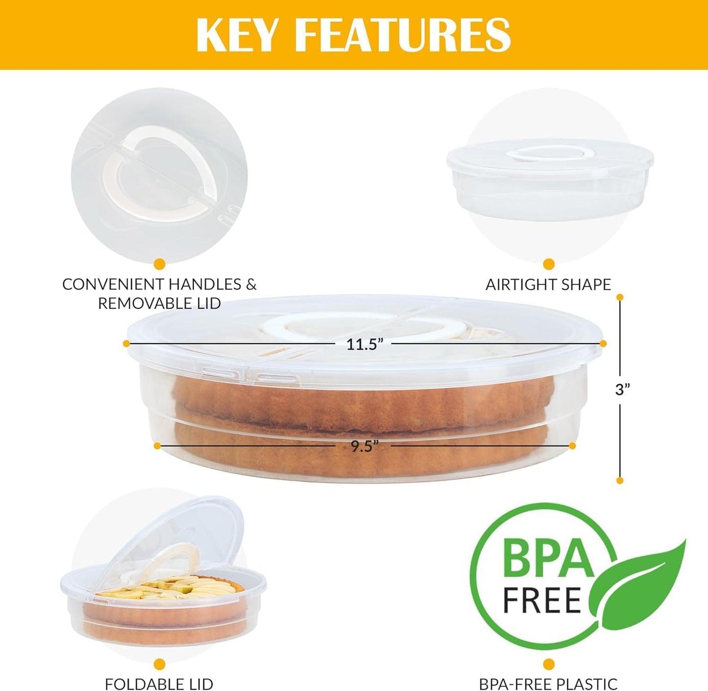 2 Pack Pie Carrier with Airtight Lid - BPA Free Pie Storage Container with Cover - Transport Keeper for Most Bakery - Plastic Pie Dish Holder