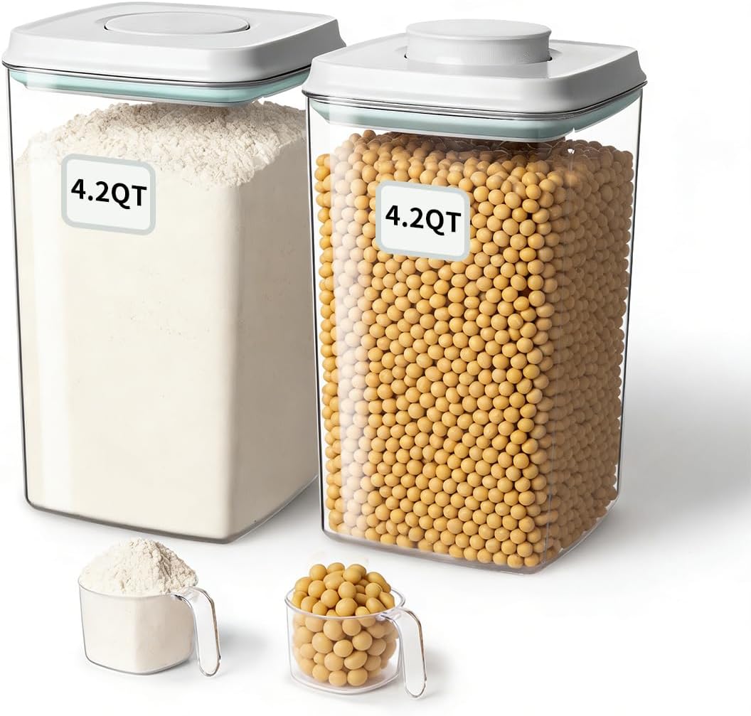 Food Storage Containers with Lids,2.9Qt 2Pcs Airtight Pop Food Storage Containers, BPA-Free Stackable Kitchen Pantry Organizers and Storage, One Button Opening Flour and Sugar Container Sets