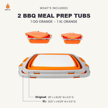 Drip EZ Collapsible BBQ Prep Tubs 2-Piece Set- For Meal Prep Marinating Food Storage - Includes Cutting Board & Lid - (2) XL - Black