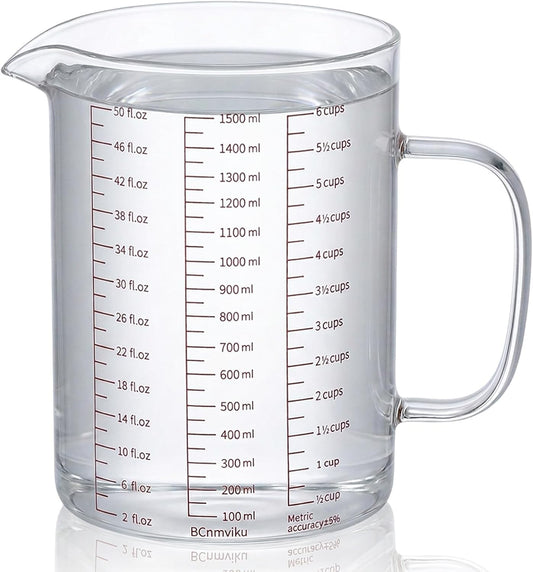 Glass Measuring Cup, 6Cup/1500ml/50oz Glass Liquid Measuring Cup With Handle and V-Shaped Spout High Borosilicate Glass-Measuring-Cup for Kitchen or Restaurant, Easy to Read