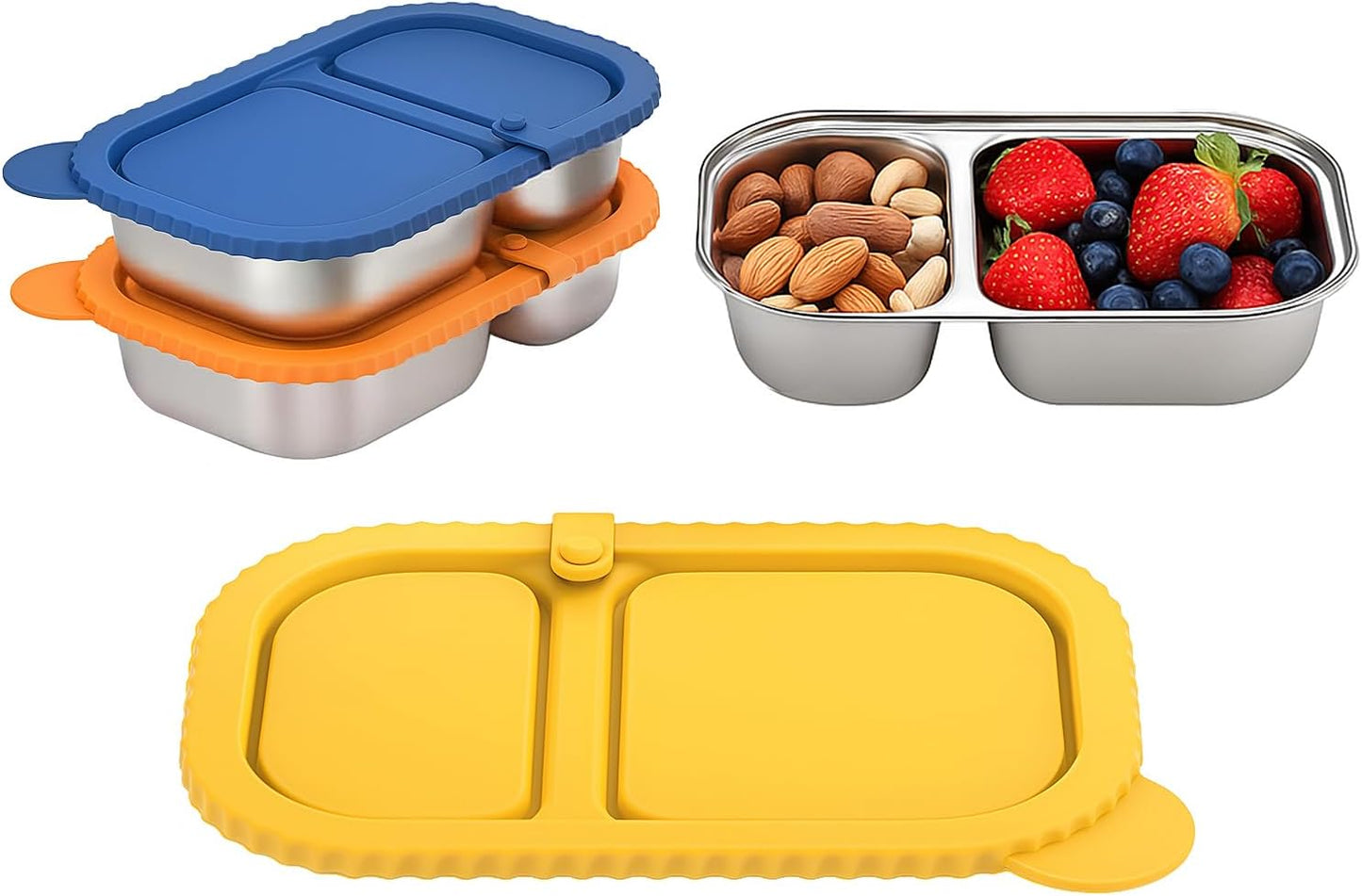 Stainless Steel Snack Containers, 6-Pack Reusable Grab and Go Containers with Lids, Dual Compartment Bento Box for Travel, Camping & Lunch Prep