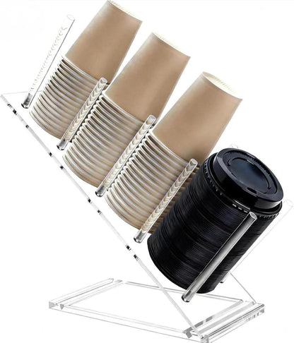 Acrylic Cup and Lid Holder, Adjustable Holder Organizer Disposable Cup Dispenser Stand with Coffee Pod, Creamer Straw Organizer Countertop for Coffee Bar Station Bakery Breakroom