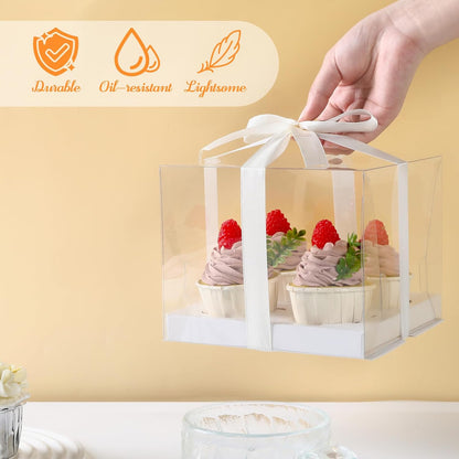 JCD 4 Pack Clear Cupcake Boxes, Plastic Cupcake Containers with Gift Ribbon, 5.5inches height Holder 6 Count Cup Cake Boxes for Parties, Baking, Wedding, Transport (6count/4pcs)