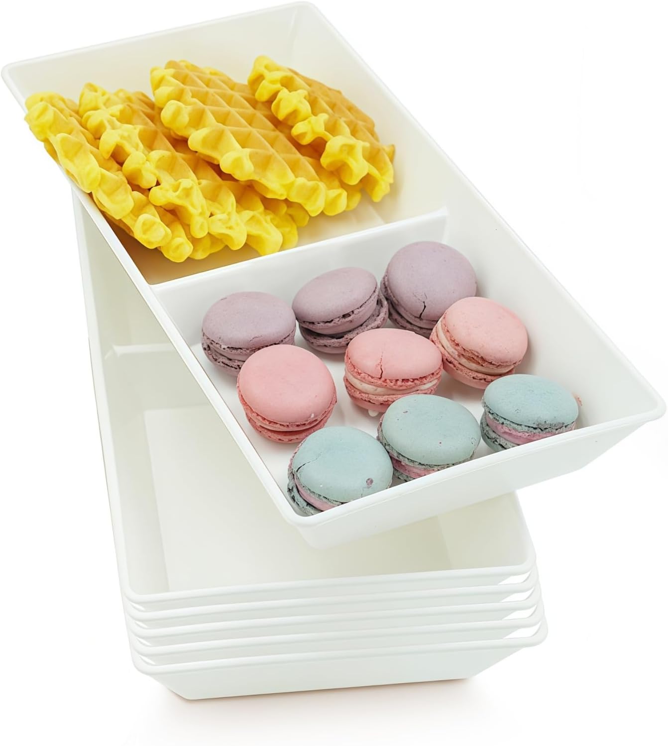 Divided Serving Tray Platter, 4 Pack 15" x 10" Fruit Veggie Food Tray for Party, Plastic Serving Trays for Appetizer, Snack, Dessert, Cookie, Brunch Decorations Platters, White Trays BPA-Free
