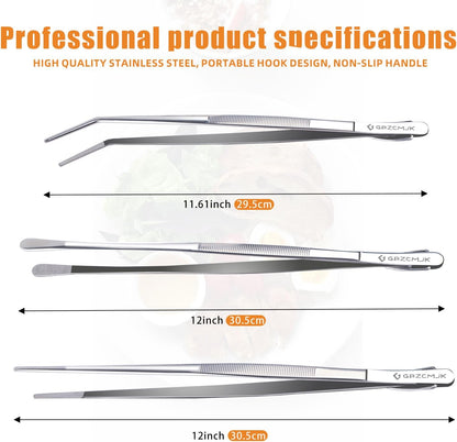 GBZCMJK 3 Pcs Kitchen Tweezers, 12-Inch Stainless Steel Cooking Tweezers, Professional Cooking Tongs, Long Food Tongs for Serving, Sea food, BBQ and Salads