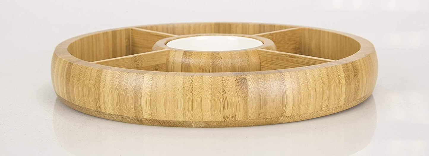 Bamboo Charcuterie Board/Cheese Board Chip and Dip Divided Bowl/Serving Platter with Ceramic Center Bowl/Dip Cup