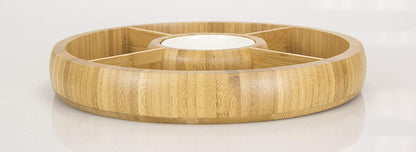 Bamboo Charcuterie Board/Cheese Board Chip and Dip Divided Bowl/Serving Platter with Ceramic Center Bowl/Dip Cup