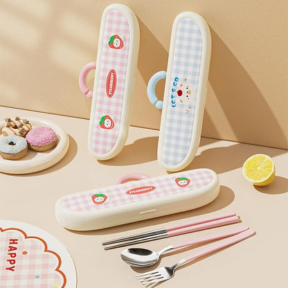 Cute Strawberry Bear 304 Stainless Steel Utensil Set with Travel Case – Portable Reusable Chopsticks, Spoon & Fork in Plaid Storage Box, for School Lunch, Camping, Travel(Pink)