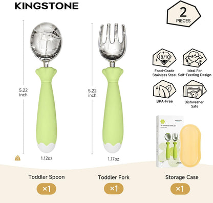 KINGSTONE Toddler Utensils with Case, Kids Silverware Set with Silicone Handles, 18/10 Stainless Steel Children Safe Forks and Spoons, Travel Carrying Cases BPA Free, Dishwasher Safe (blue)