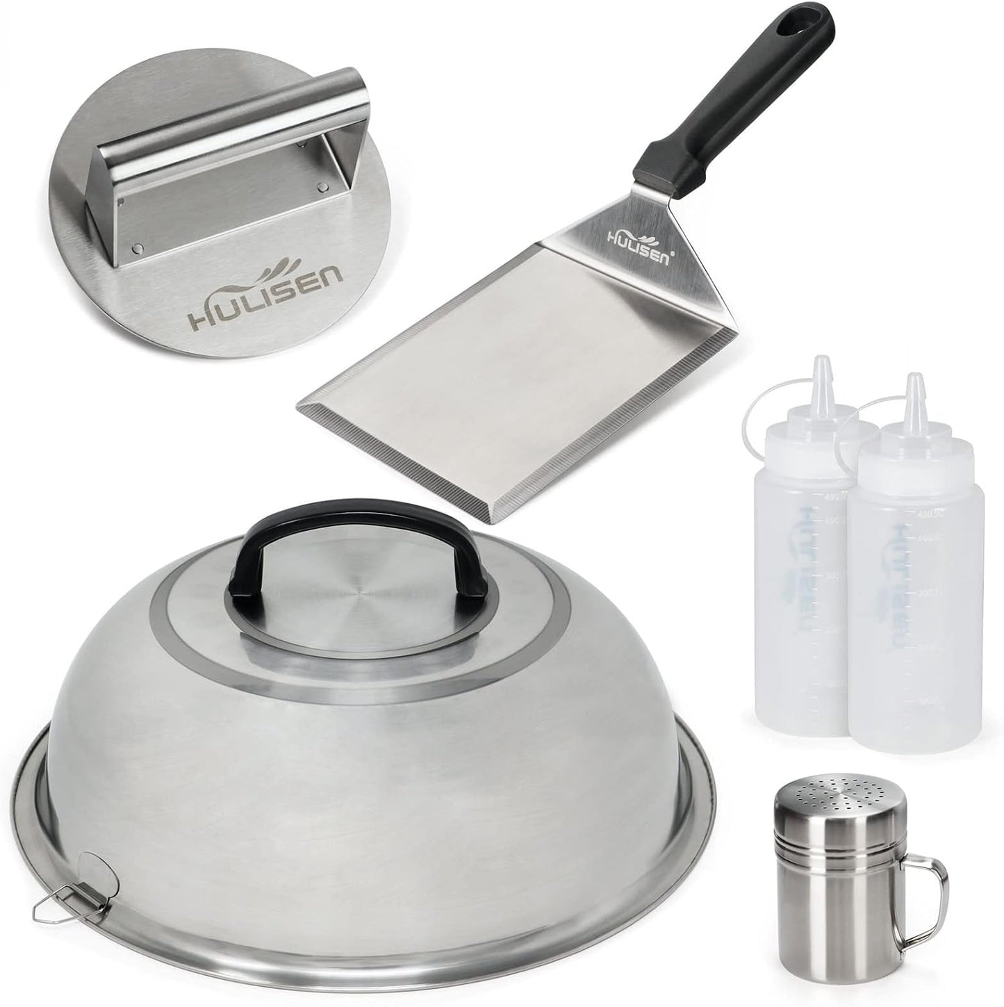 HULISEN Cheese Melting Dome & Smashed Burger Press, 6.2" Grill Press with 9" Basting Cover, Stainless Steel Burger Smasher, Griddle Accessories Kit for Flat Top Grill Cooking Indoor/Outdoor