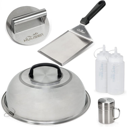 HULISEN Cheese Melting Dome & Smashed Burger Press, 6.2" Grill Press with 9" Basting Cover, Stainless Steel Burger Smasher, Griddle Accessories Kit for Flat Top Grill Cooking Indoor/Outdoor