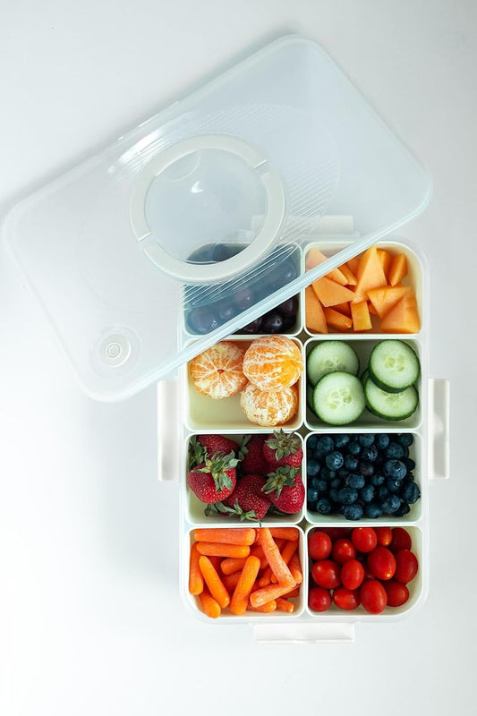 Snackle Box- Divided Serving Tray, MICROWAVE & DISHWASHER Safe, BPA-Free, Portable Snack box with Lid & Handle, Fruit & Snack Organizer.