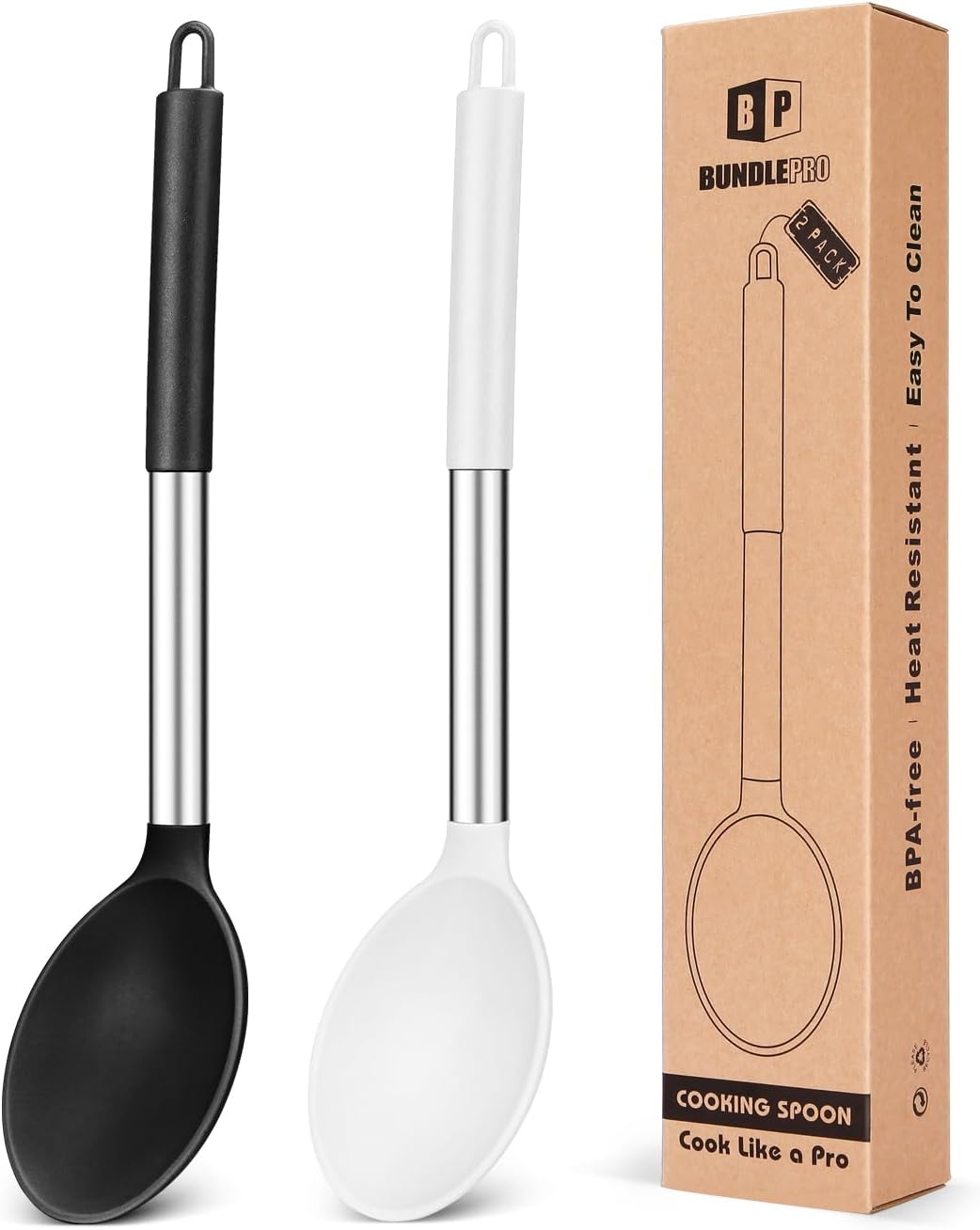 Pack of 2 Large Silicone Cooking Spoon Non Stick Solid Basting Spoons Heat-Resistant Kitchen Utensils for Mixing Serving (Gray-Blue)
