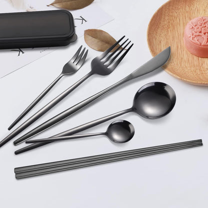 AARAINBOW 8 Pieces Stainless Steel Flatware Set Portable Reusable Cutlery Set Travel Utensils Set Including Chopsticks Knife Fork Spoon Straws Cleaning Brush Dishwasher Safe (Pink Golden)