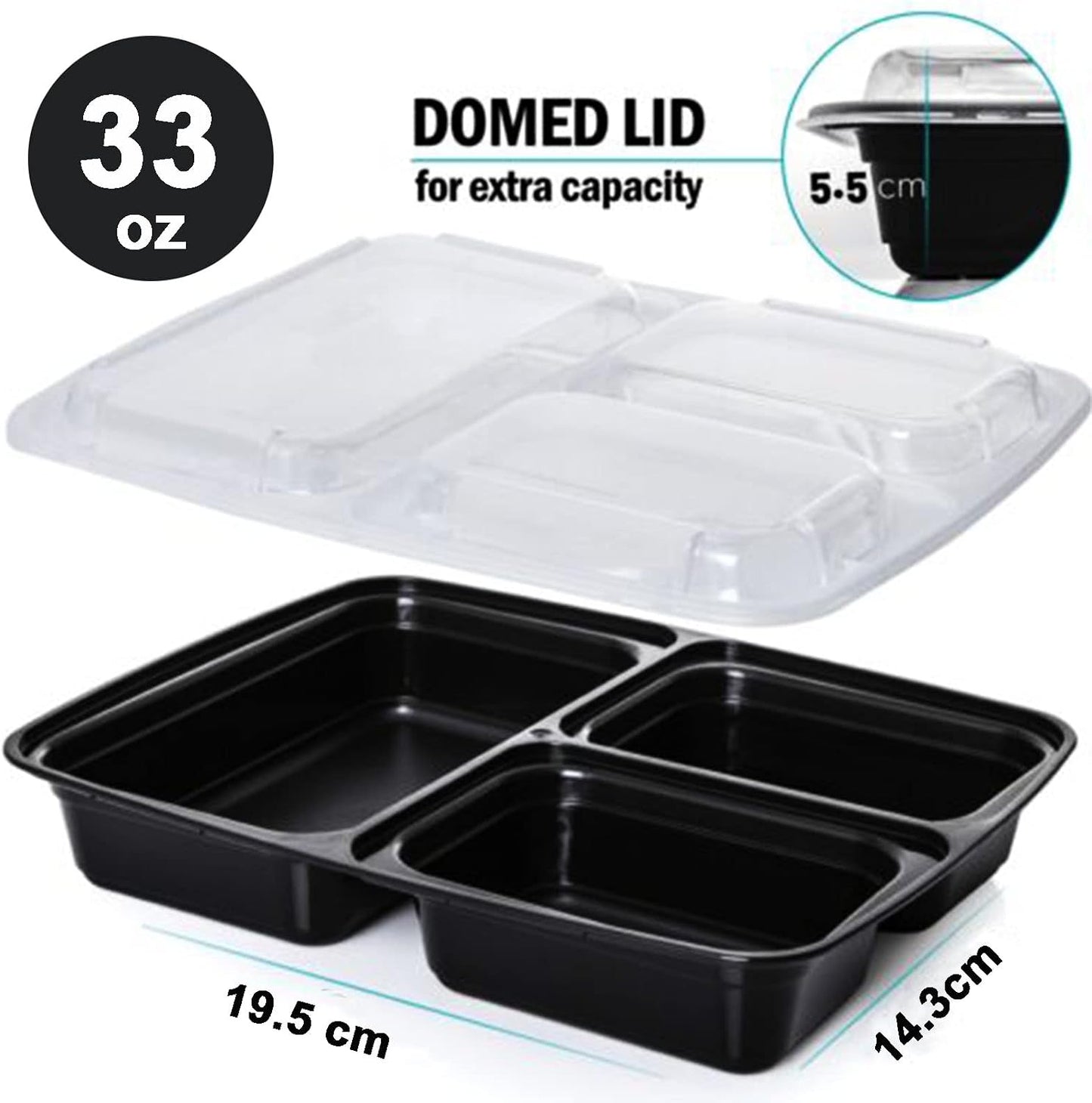 MORDEN MS Meal Prep Container With Lids, 50 Pack 3 Compartment Reusable Food Storage Container Divided Plastic Bento Box Lunch Box To-go Boxes(33oz)