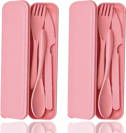 Reusable Utensils Set with Case, Wheat Straw Portable Spoon and Fork Set, Plastic Work School Kids Adults or Daily Use Cutlery Set - for Lunch Box Use Outdoor (Red)