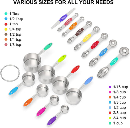 Wildone Measuring Cups and Magnetic Measuring Spoons Set, 21Pcs | 8 Stainless Measuring Cups, 7 Magnetic Measuring Spoons, Leveler & 5 Mini Spoons for Spice Jar and Liquid, Multicolor