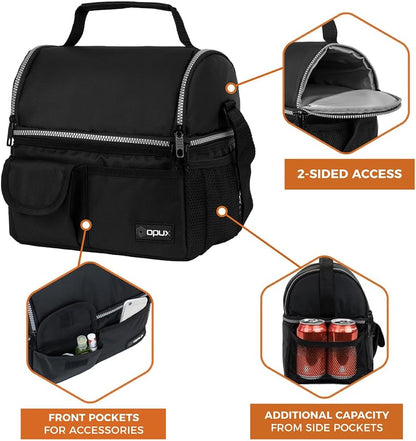 opux Insulated Lunch Bag Women Men, Dual Compartment Leakproof Lunch Box Adults Kids, Double Decker Meal Prep Bento Lunch Cooler Tote with Shoulder Strap for Work Office School Travel, Floral Purple
