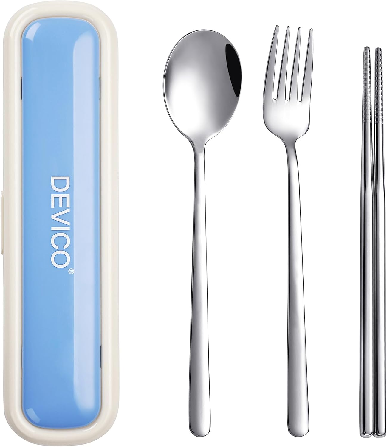 Utensils for Lunch Box, DEVICO Travel Silverware Set with Case, Portable Camping Cutlery, 18/8 Stainless Steel Reusable Korean Spoon Fork Chopsticks for School, Office, Dishwasher Safe (Pink-Purple)