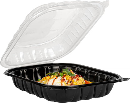 Thermo Tek 40 Ounce Clamshell Containers, 50 Disposable Take Out Boxes - 3 Compartments, Ventilated Lids, Black Plastic Meal Prep Containers, Microwavable, For Pasta Or Salads - Restaurantware