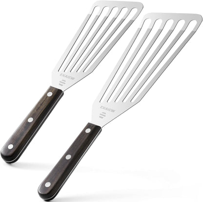 2 Pack Fish Spatula Stainless Steel - Metal Spatula Set, Wooden Handle | Kitchen Slotted Fish Turner/Spatula Set [ Large+Medium ] for Cooking & BBQ, Flipping Eggs, Burgers and Baking, Perfect Gifts