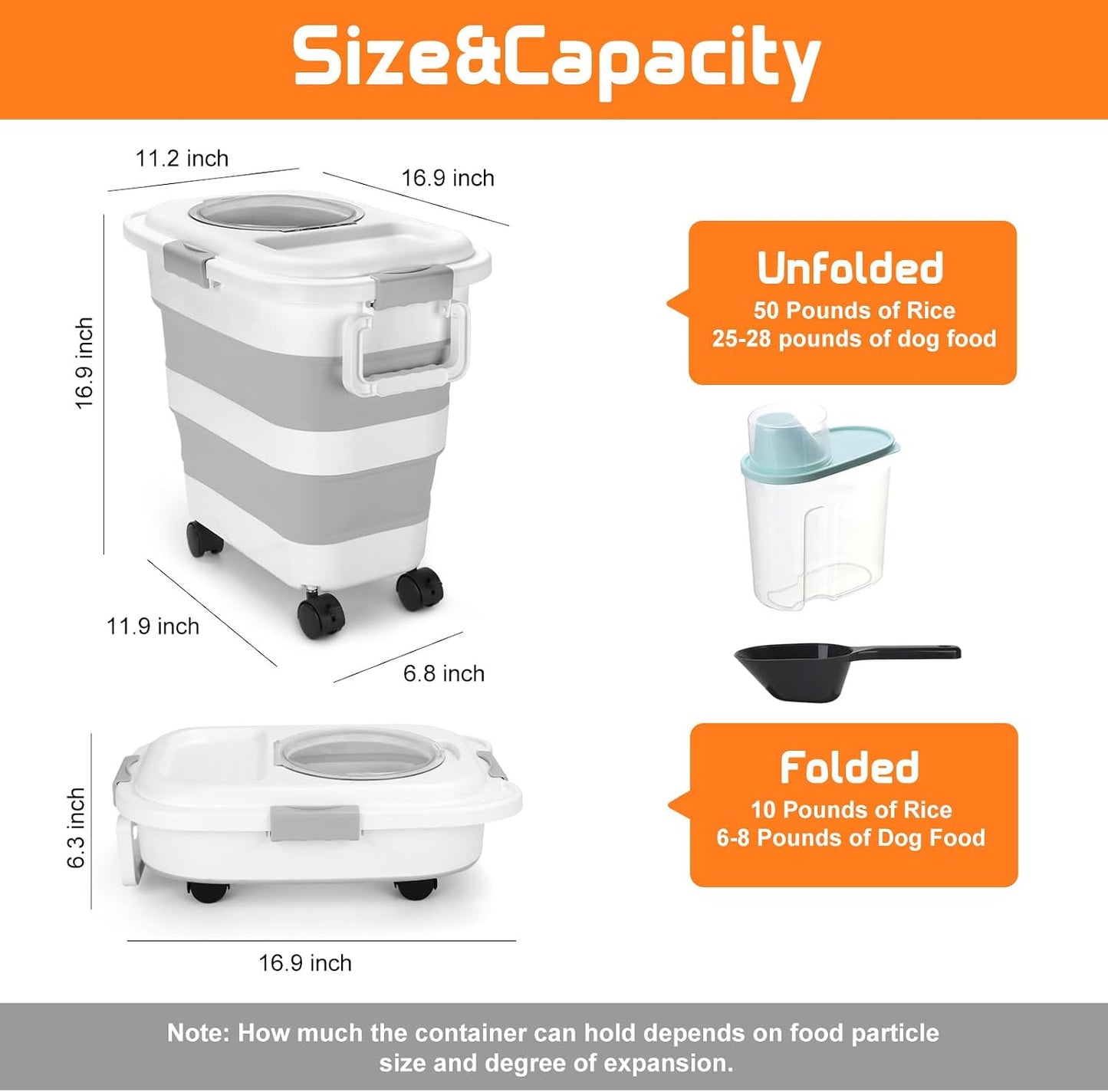Beyoung 25-28lbs Airtight Dog Food Storage Containers with Wheels and Lids, Collapsible Pet Food Storage Bins with Handle, 50lb Rice Storage Bucket with Scoop, Dry Food Storage Bins (Khaki)
