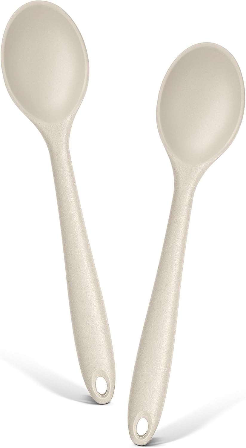 E-far Silicone Cooking Spoon Set of 2, Heat Resistant Kitchen Spoons Utensils Nonstick Mixing Spoon for Baking Stirring Serving, Non-Toxic & Dishwasher Safe (Khaki)