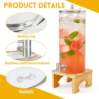 2 Gallon Drink Dispenser,Glass Beverage Dispenser With Wood Stand, 18/8 Stainless Steel Spigot and Labels Large Water Drink Dispensers for Parties, Lemonade,Juice, Bar,Wedding,Restaurants
