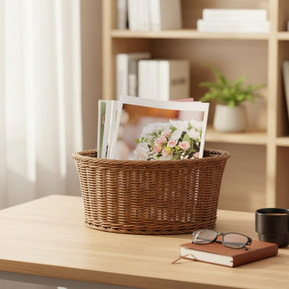 Hemobllo Corner Storage Basket, 90 Degree Triangle Countertop Organizer Bin for Kitchen Bathroom Pantry, Handwoven Plastic imitation Rattan with Metal Frame, Light Brown