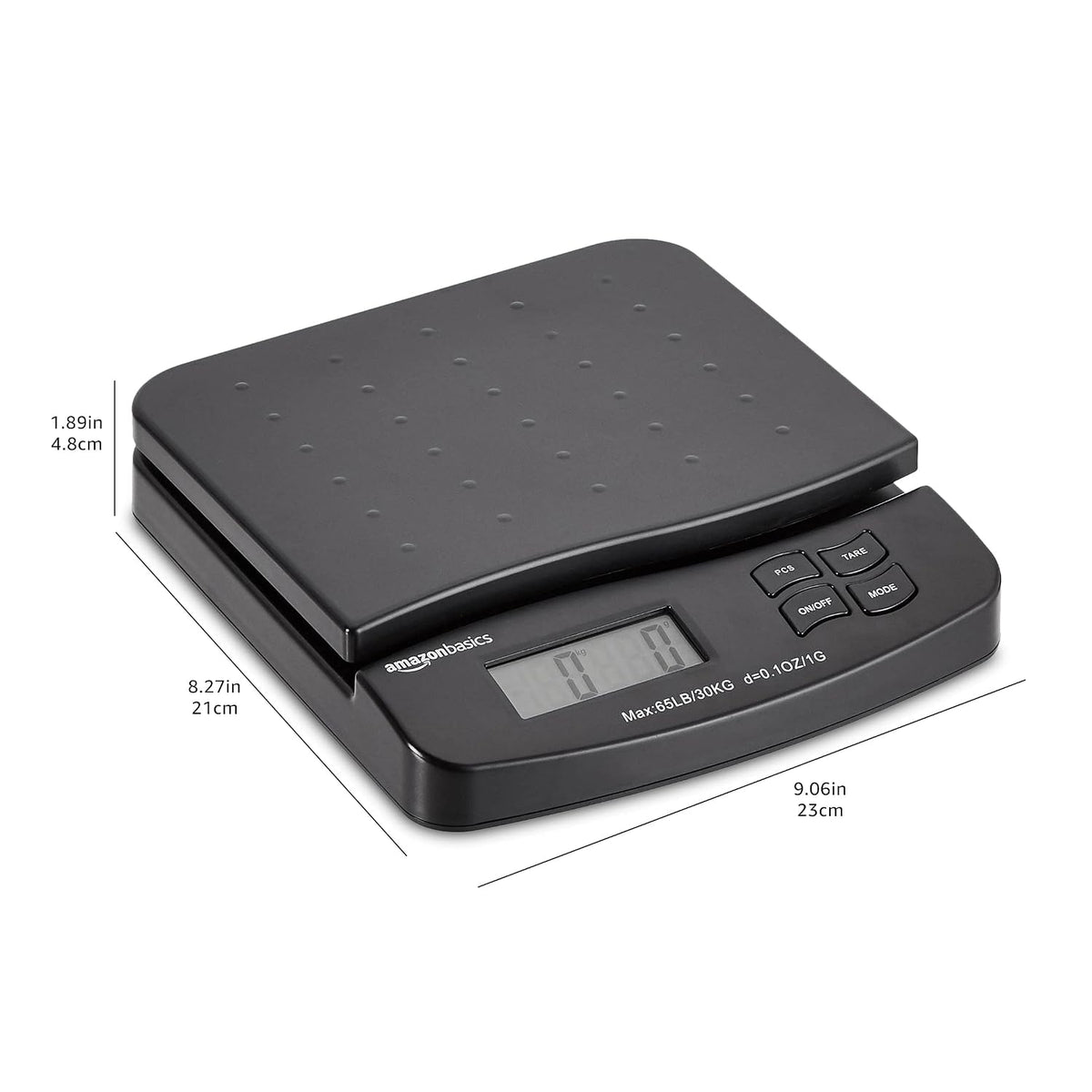 Amazon Basics Digital Postal Shipping Scale with Tare Function, AC Adapter, 65 lb Capacity, 0.1 oz Readability, LCD Display, Black